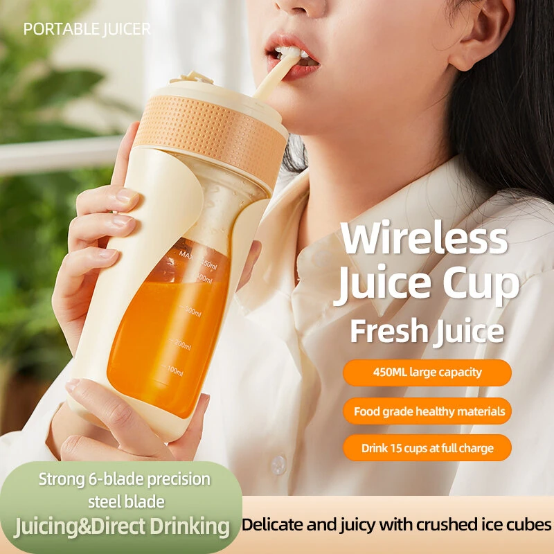 (image for) 450ML Small Portable Multi-function Juicer Cordless Electric Juicing Cup with Removable Straw Strong 6-Blade Precision Steel Blade